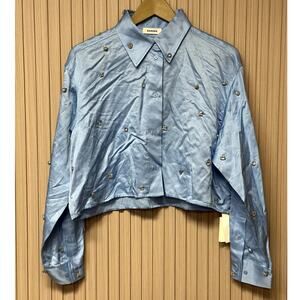 Sandro Paris Satiny Rhinestone Shirt in Sky Blue Size S